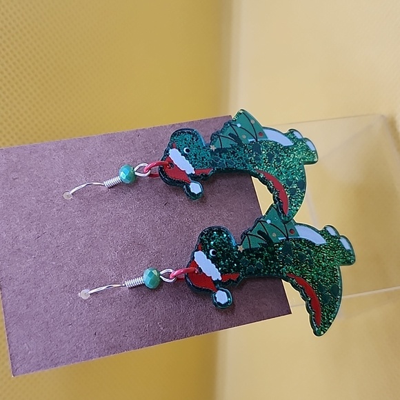 Christmas T-Rex with Tree Earrings - Picture 3 of 3